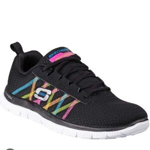 Skechers Women's Flex Appeal Sneakers - Black with Multi-Color Accents size 8.5